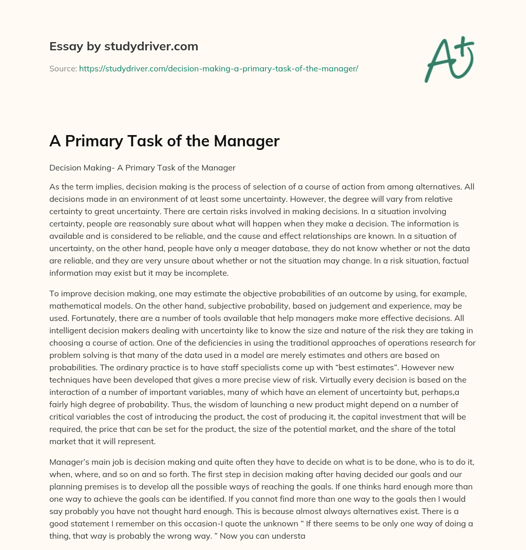 A Primary Task of the Manager essay