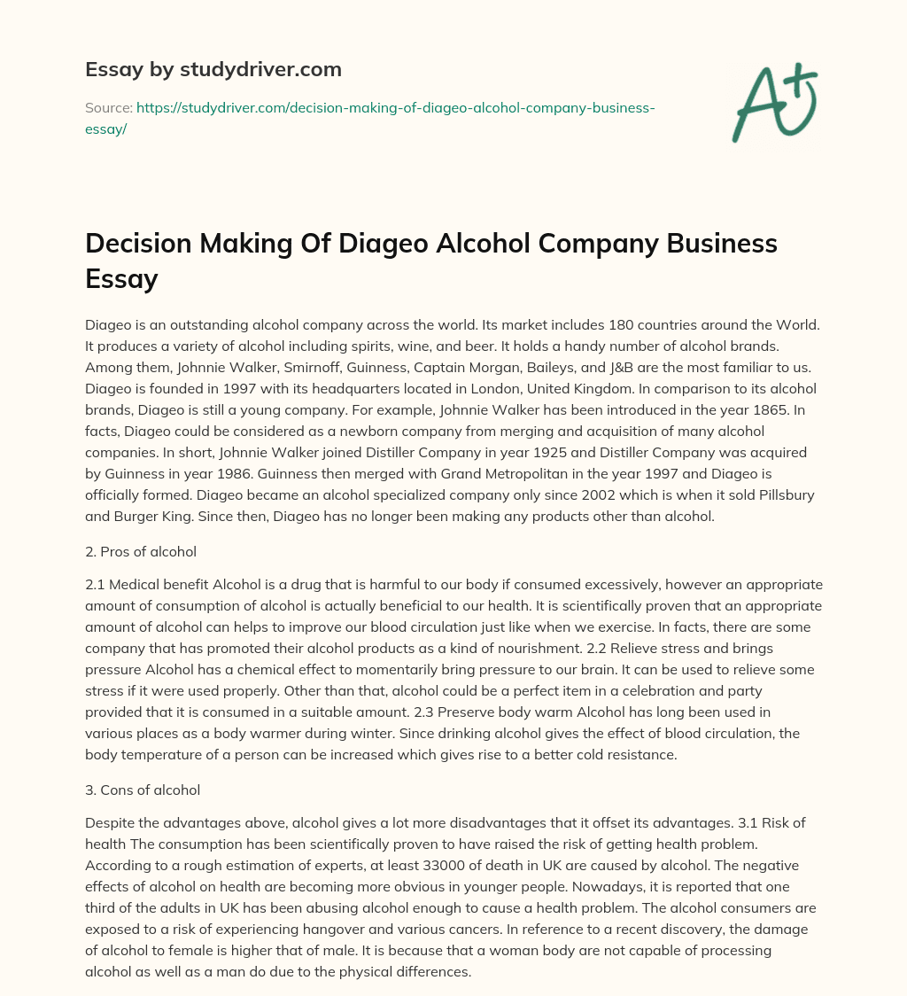 Decision Making of Diageo Alcohol Company Business Essay essay