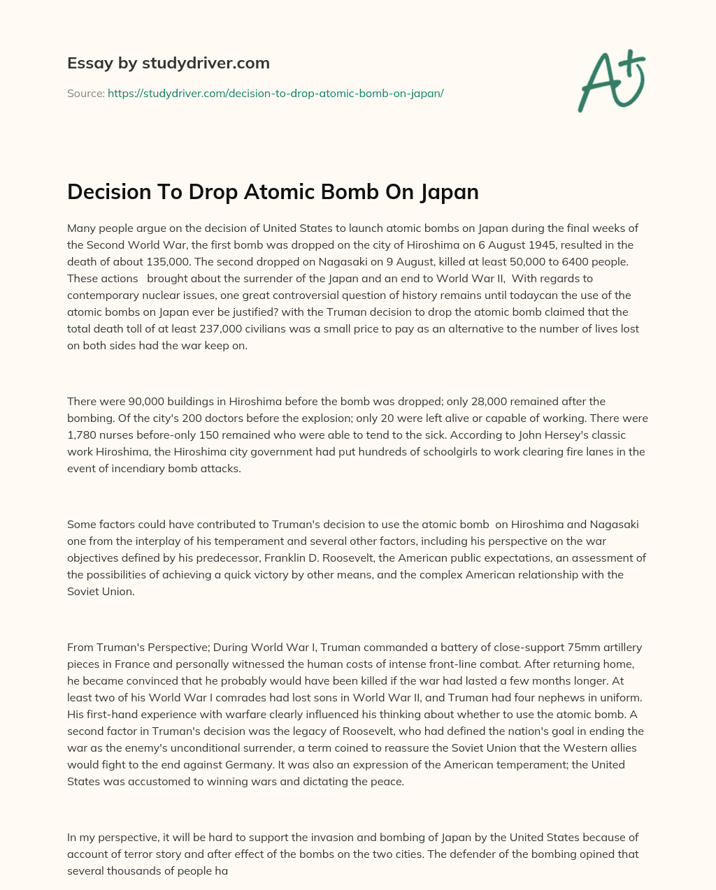 Decision to Drop Atomic Bomb on Japan essay