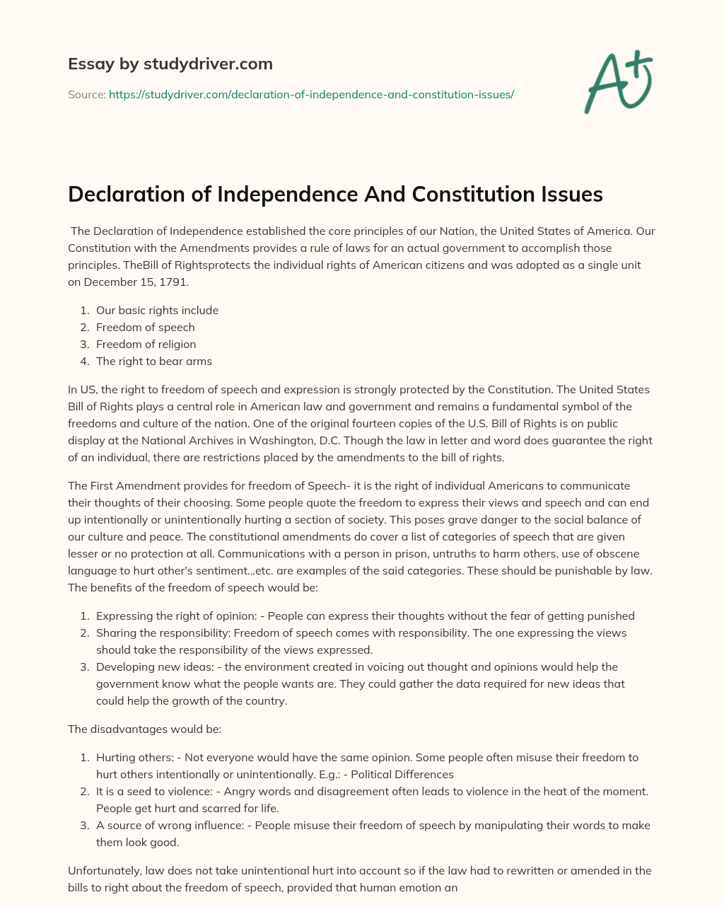 Declaration of Independence and Constitution Issues essay