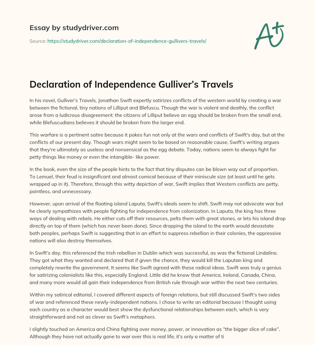 Declaration of Independence Gulliver’s Travels essay