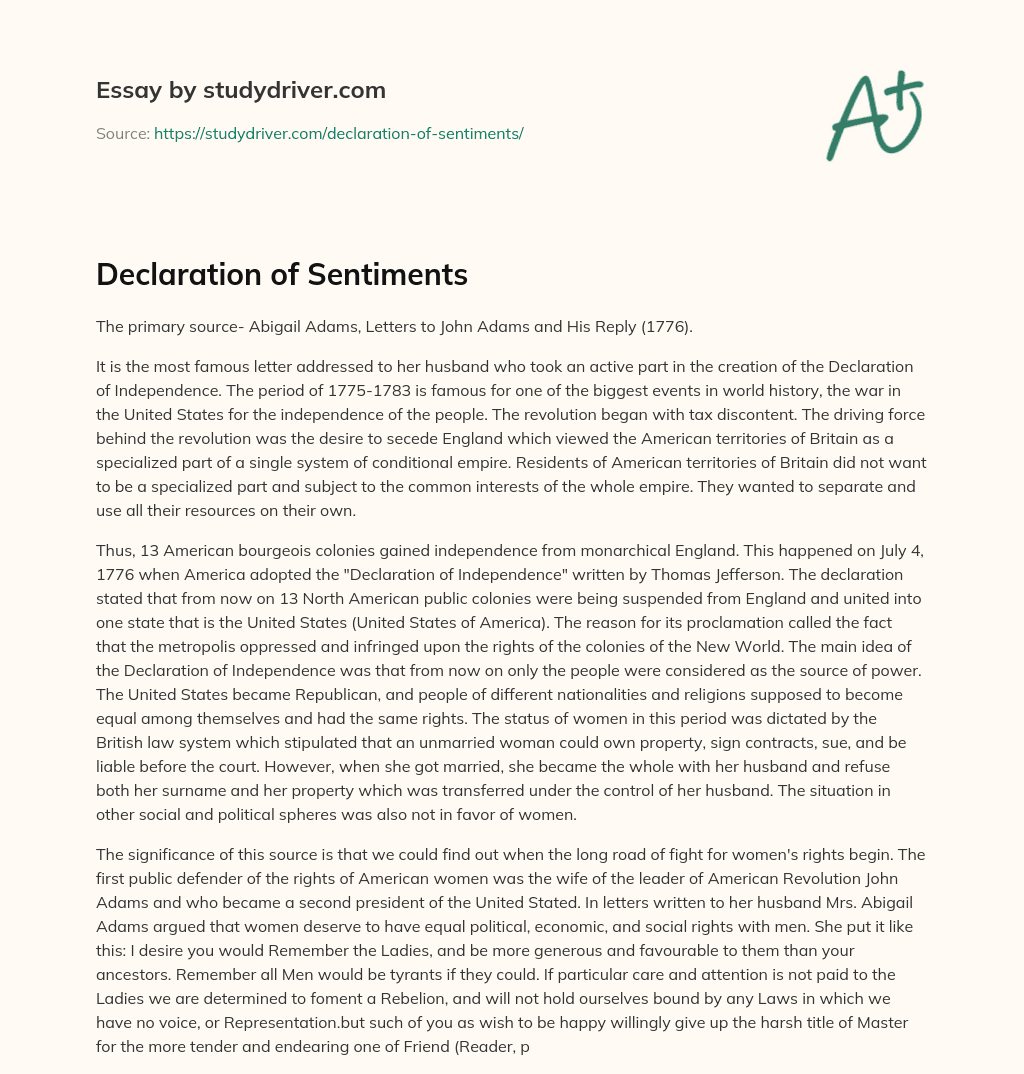 Declaration of Sentiments essay