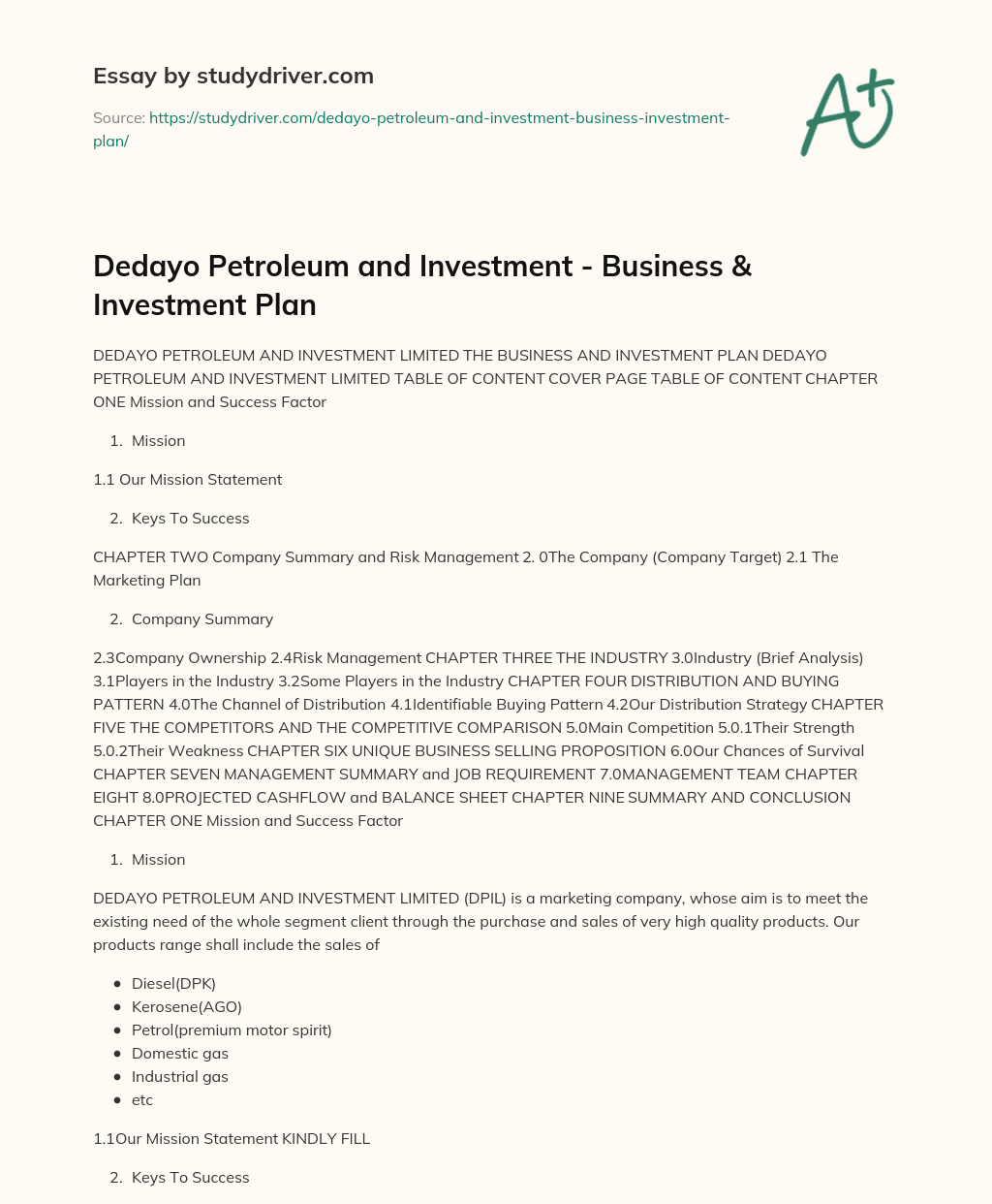 Dedayo Petroleum and Investment – Business & Investment Plan essay