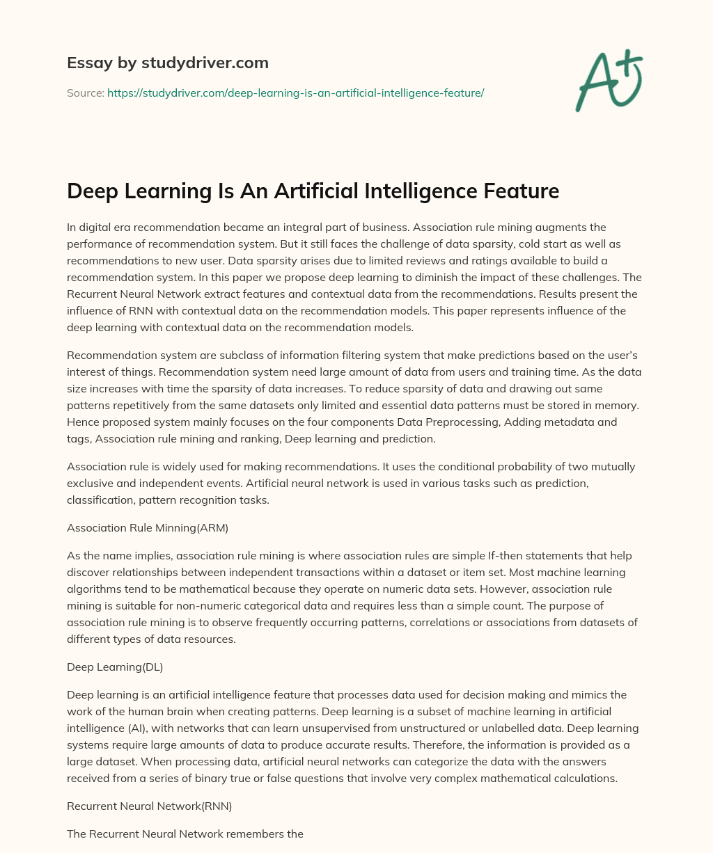 Deep Learning is an Artificial Intelligence Feature essay