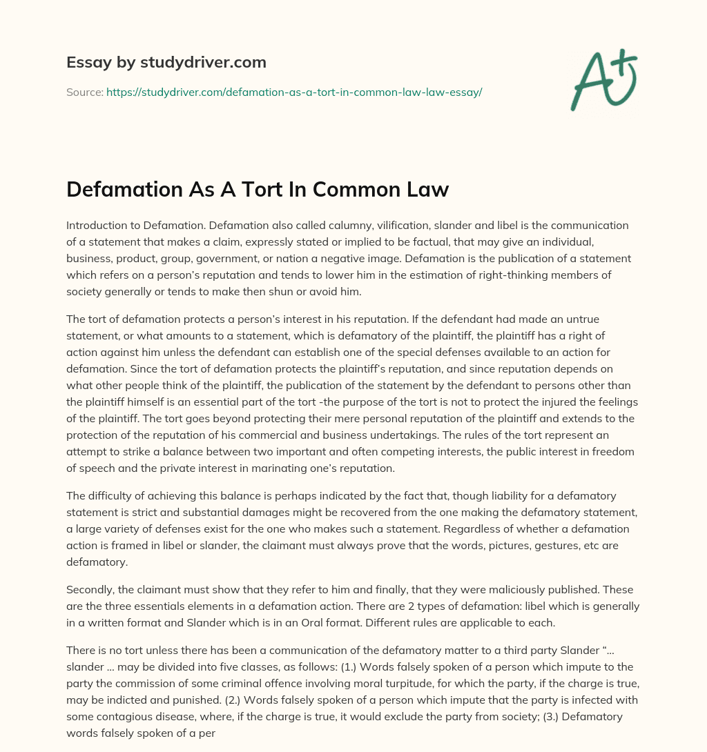 Defamation as a Tort in Common Law essay