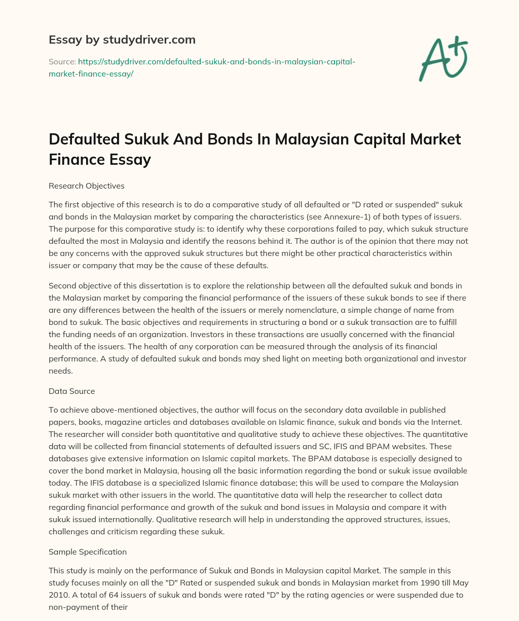 Defaulted Sukuk and Bonds in Malaysian Capital Market Finance Essay essay