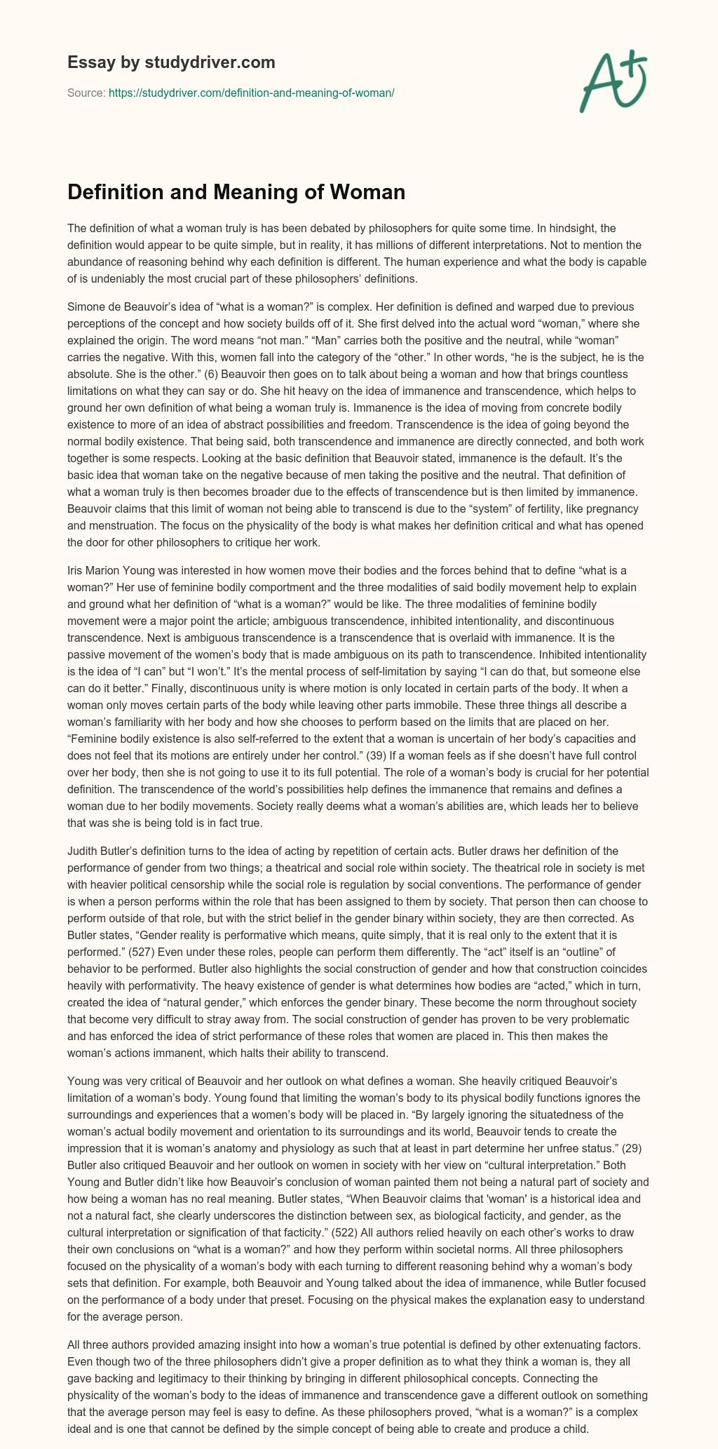 Definition and Meaning of Woman essay