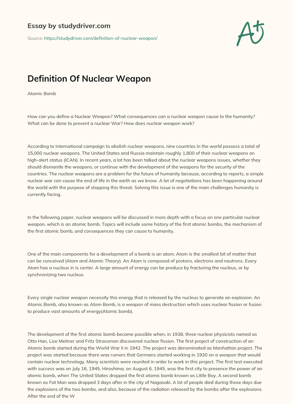 Definition of Nuclear Weapon essay