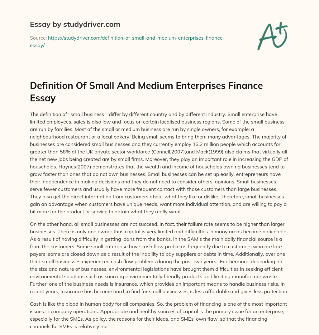 Definition of Small and Medium Enterprises Finance Essay essay