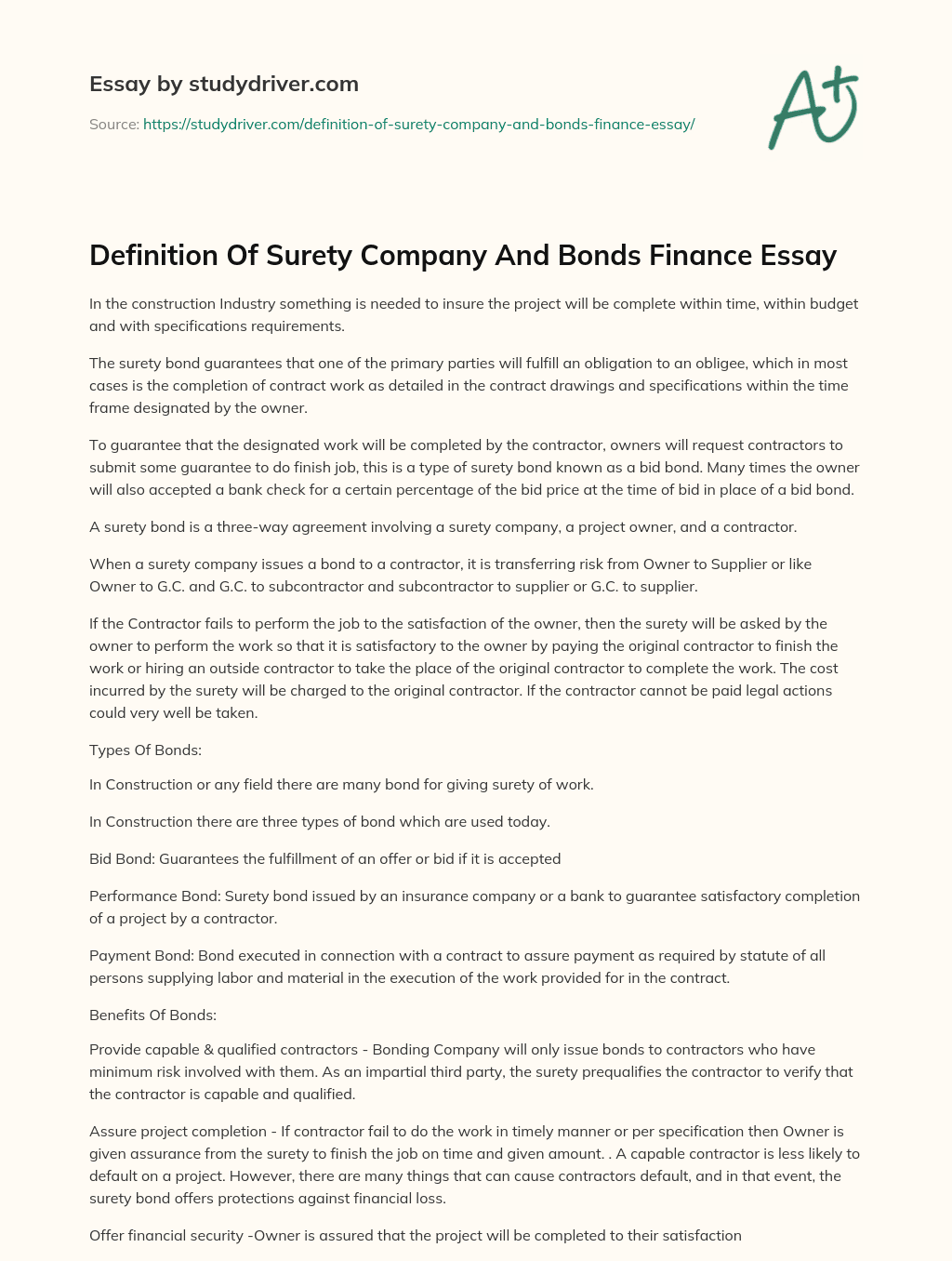 Definition of Surety Company and Bonds Finance Essay essay