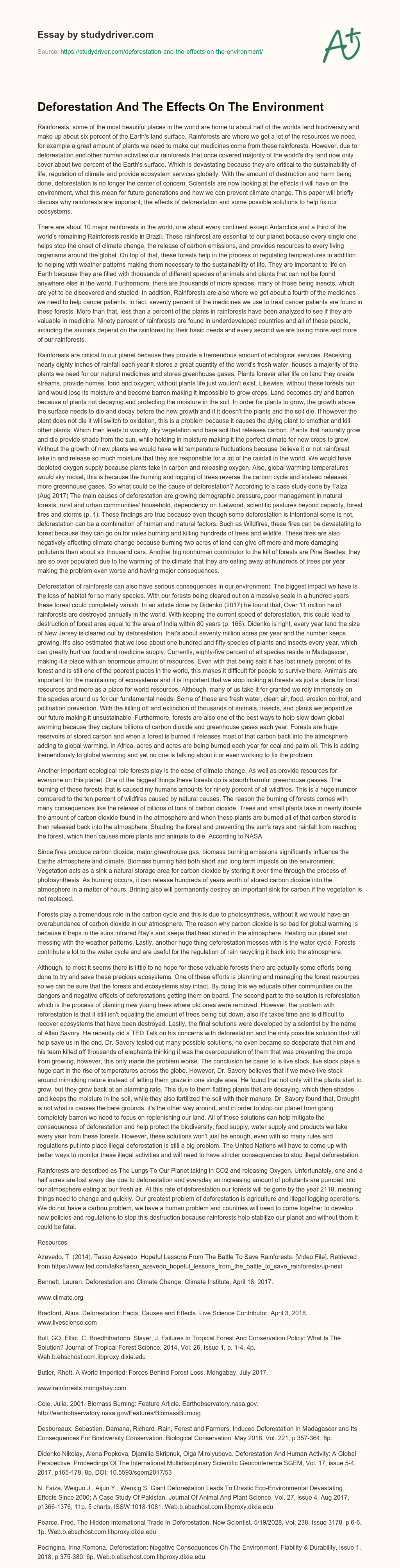 Deforestation and the Effects on the Environment essay