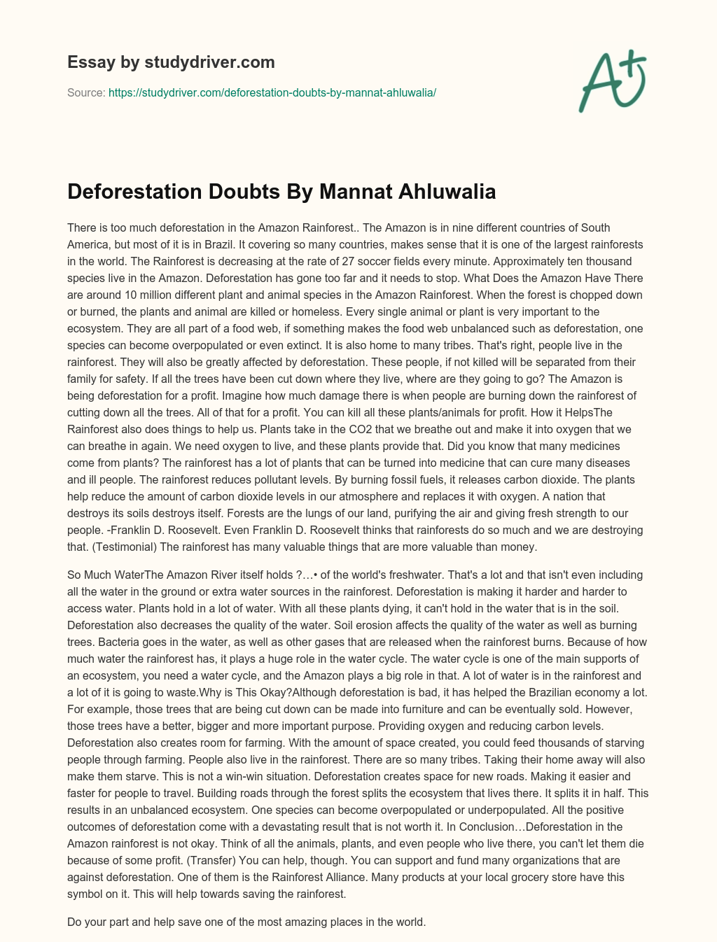 Deforestation Doubts by Mannat Ahluwalia essay