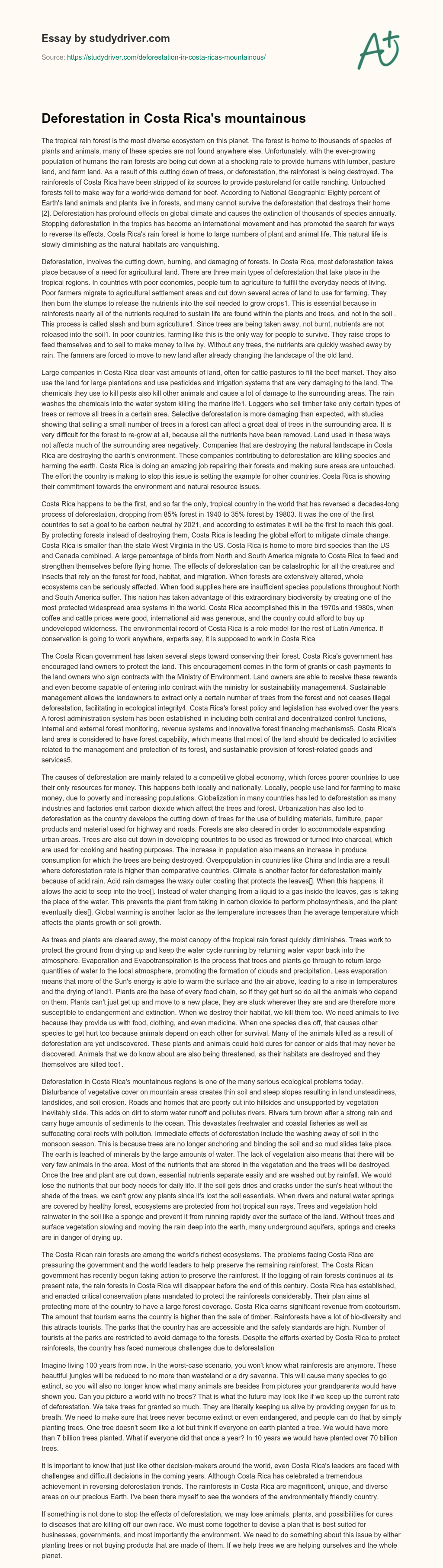 Deforestation in Costa Rica’s Mountainous essay