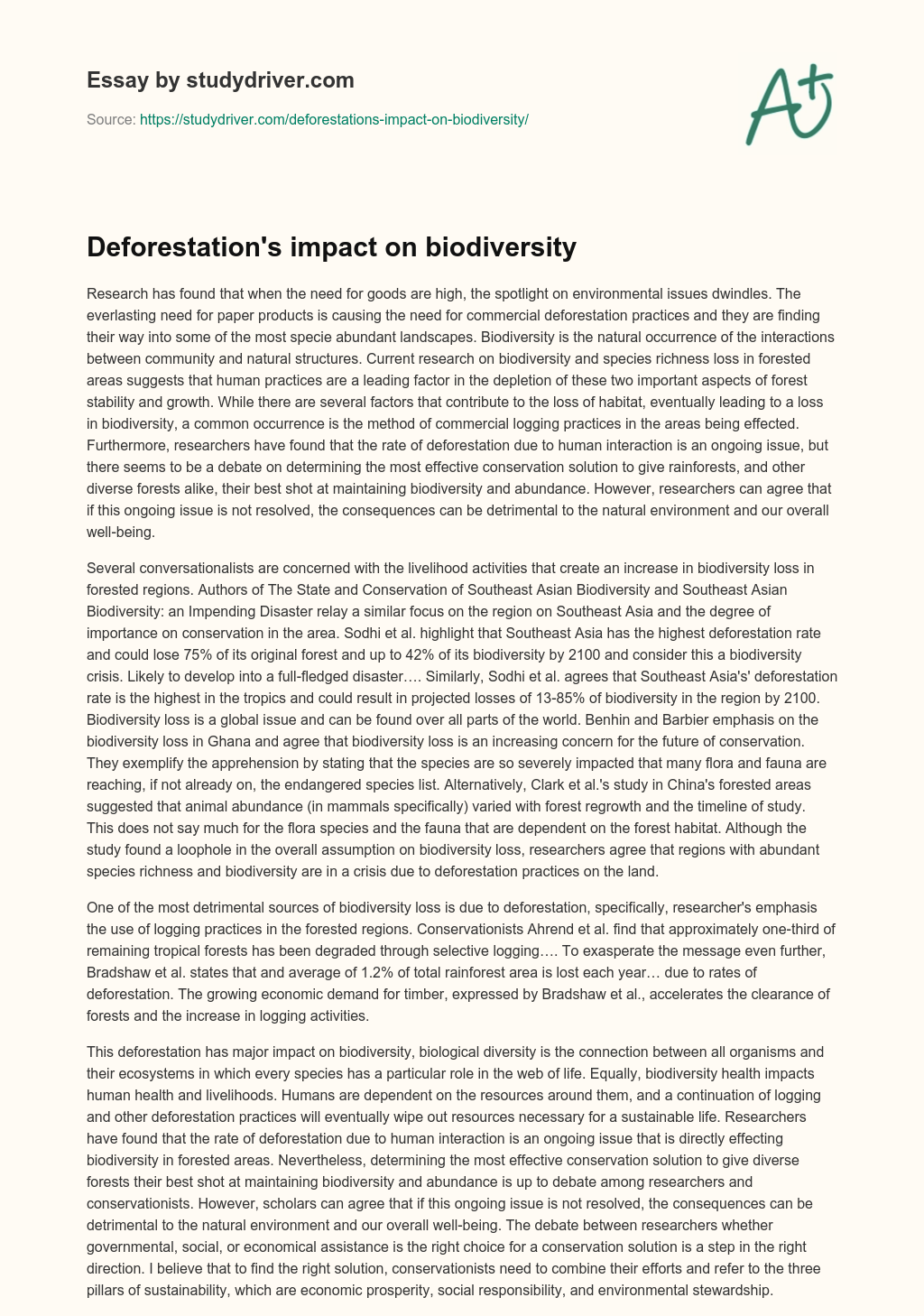 Deforestation’s Impact on Biodiversity essay