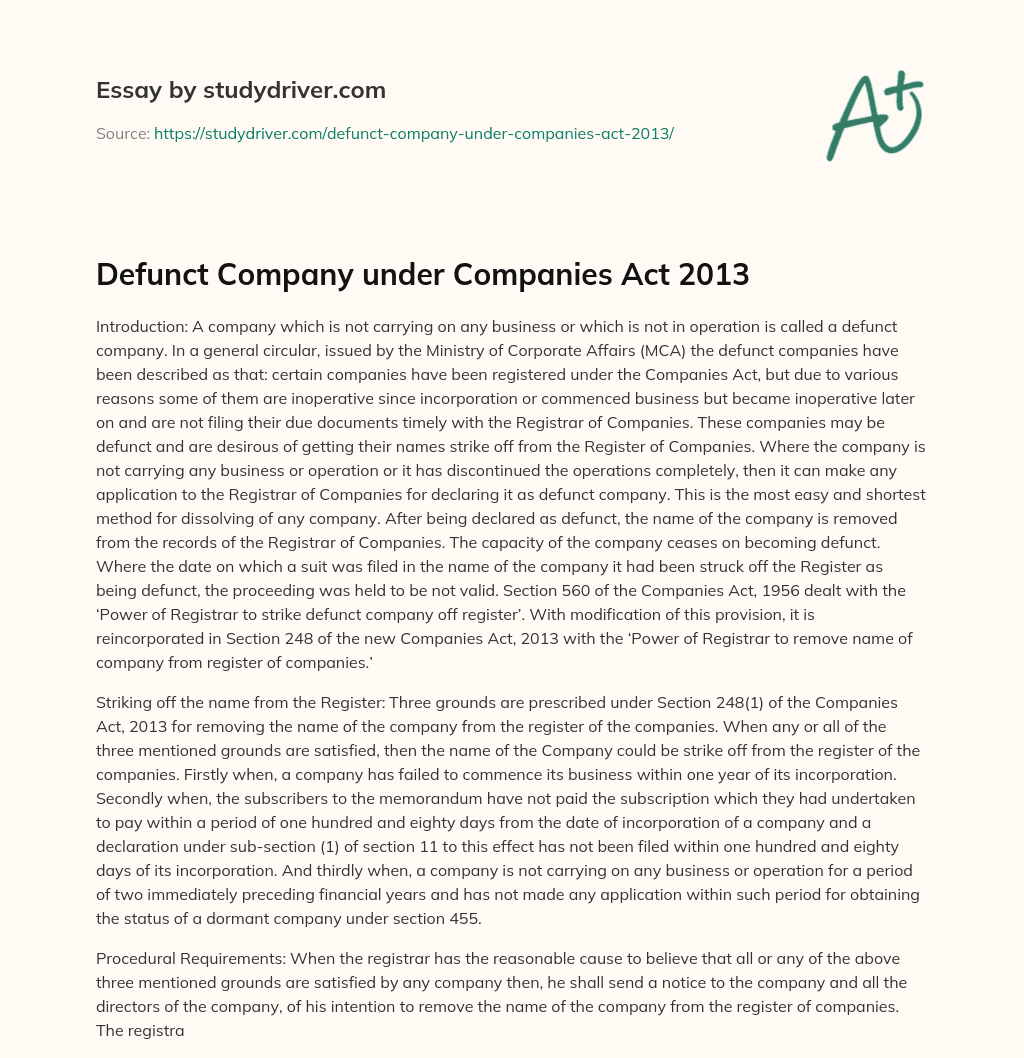 Defunct Company under Companies Act 2013 essay