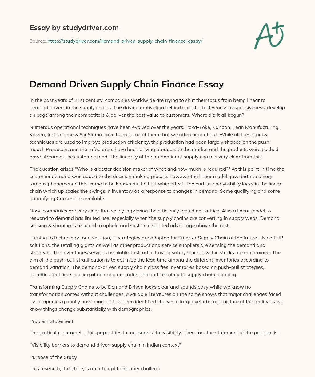 Demand Driven Supply Chain Finance Essay essay