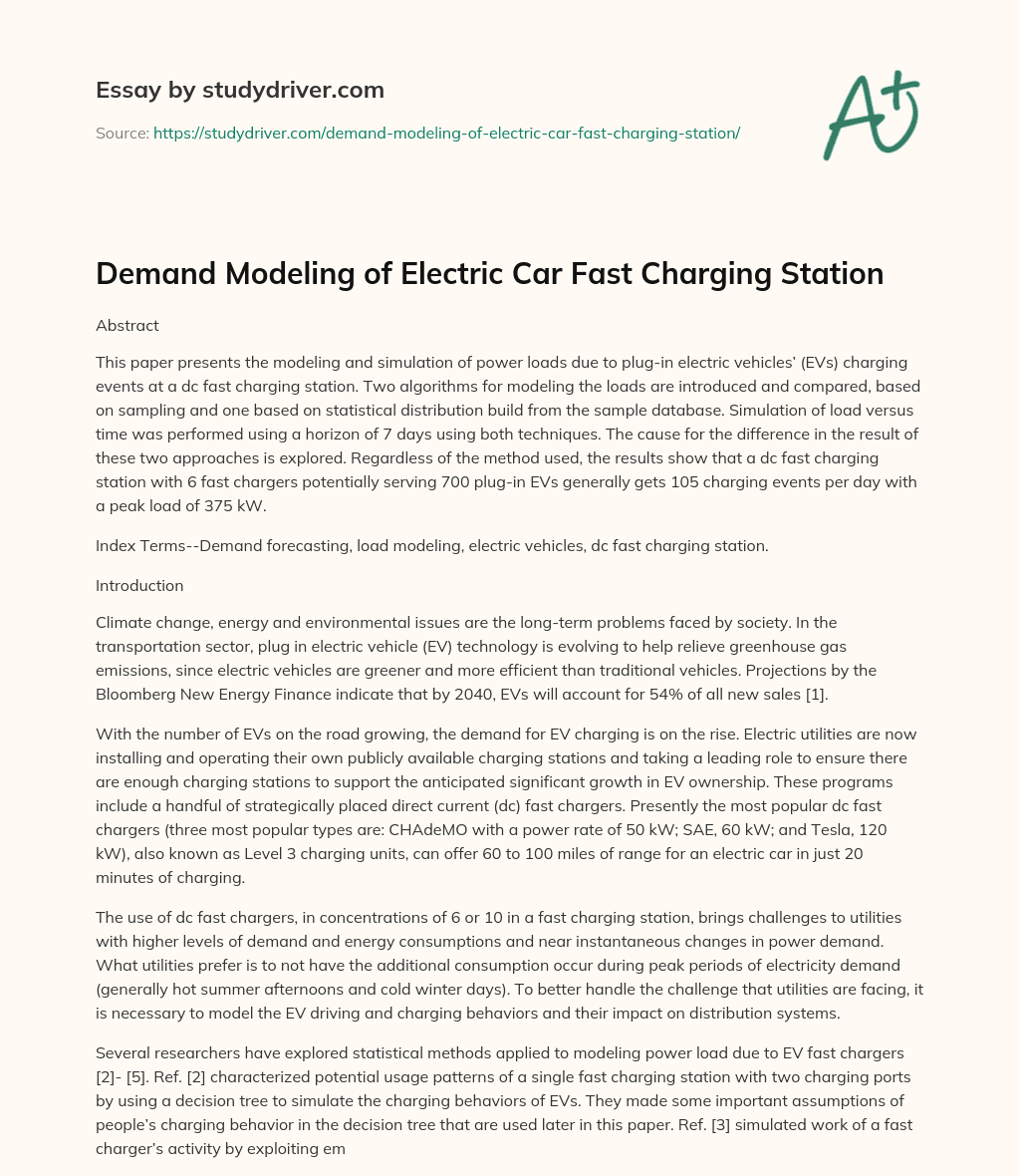 Demand Modeling of Electric Car Fast Charging Station essay