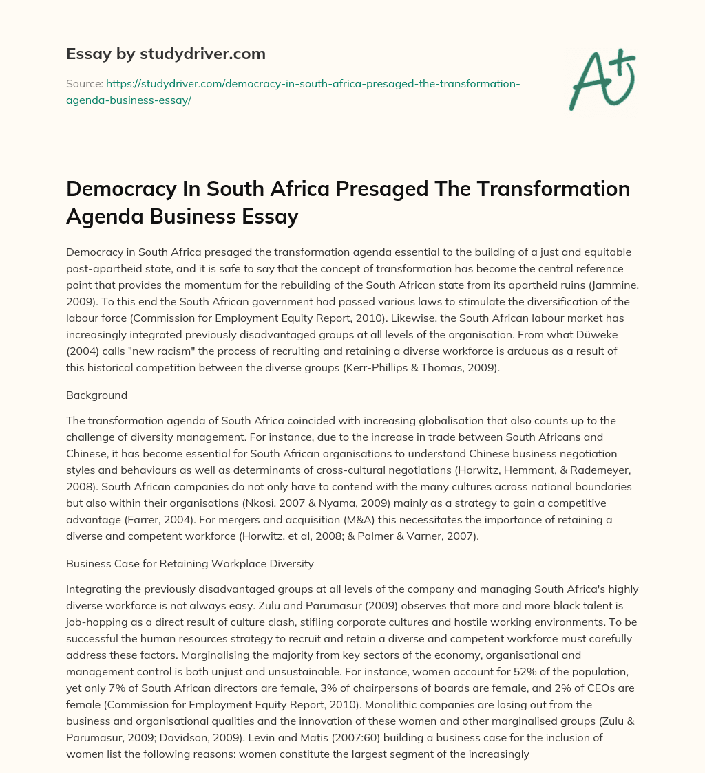 Democracy in South Africa Presaged the Transformation Agenda Business Essay essay
