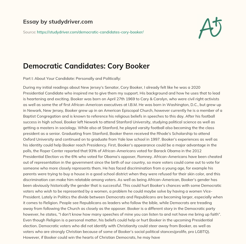 Democratic Candidates: Cory Booker essay