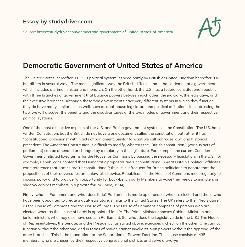 Democratic Government of United States of America essay