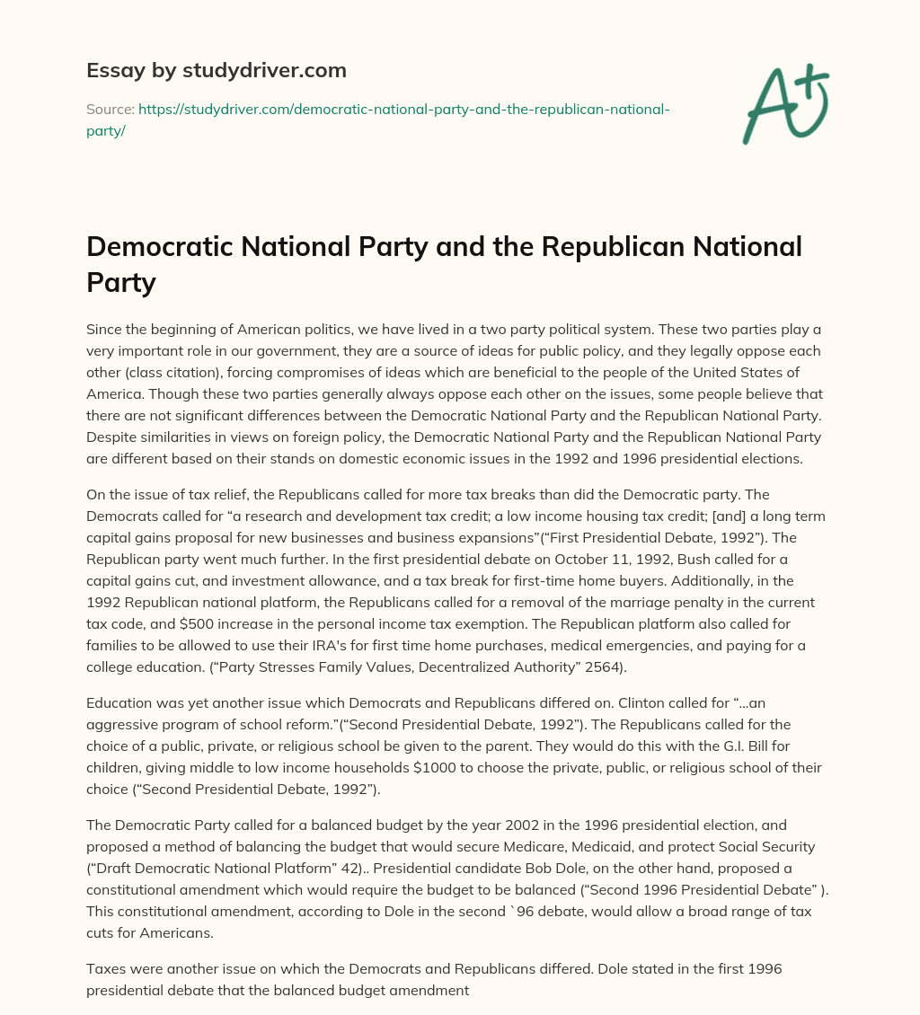 Democratic National Party and the Republican National Party essay
