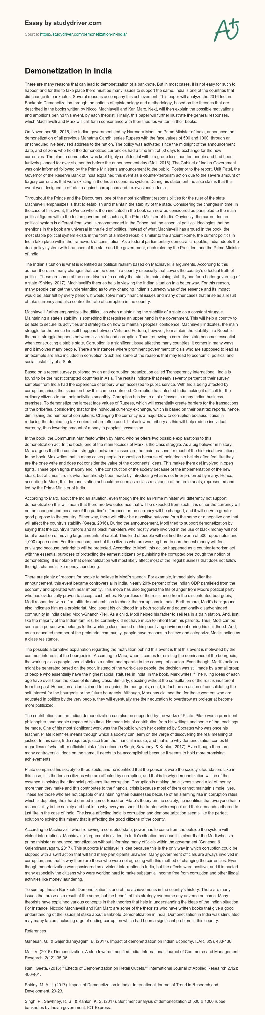 Demonetization in India essay