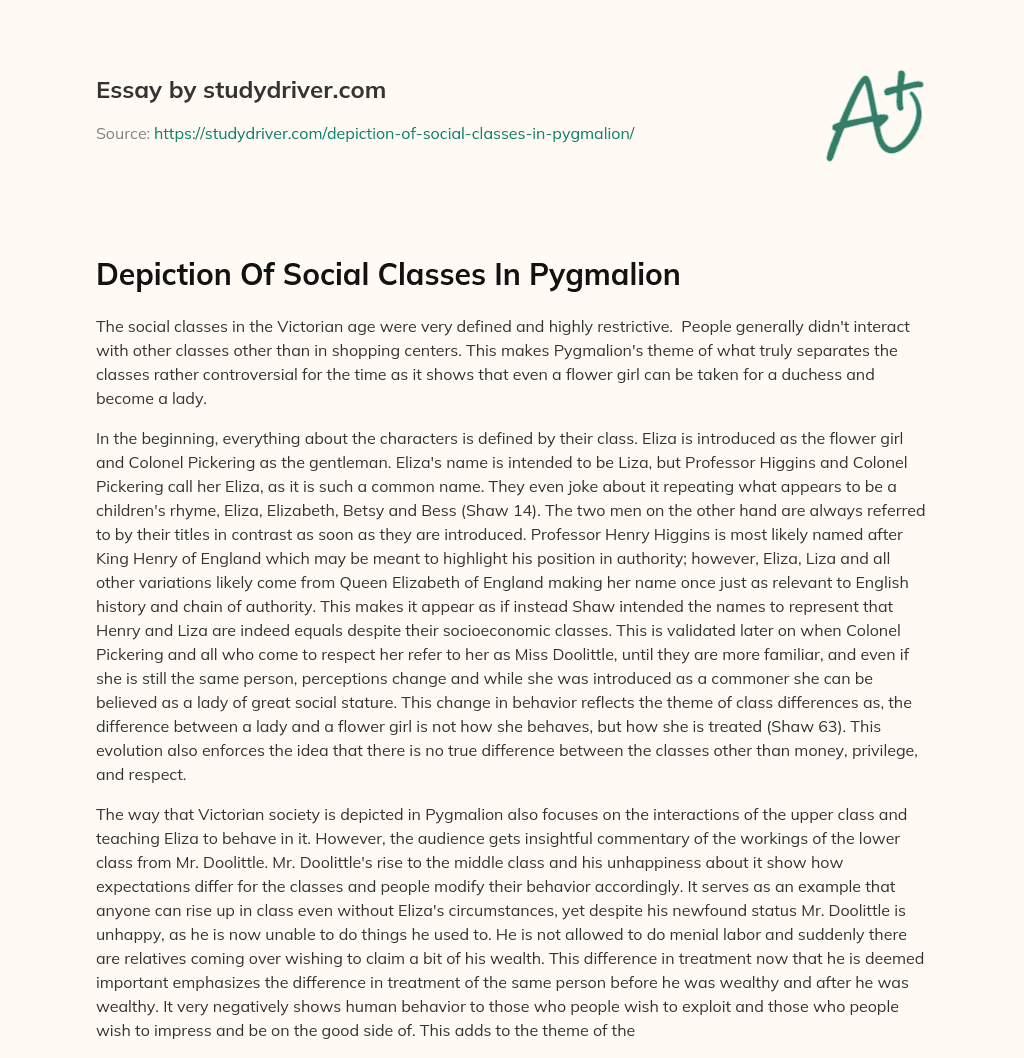 Depiction of Social Classes in Pygmalion essay