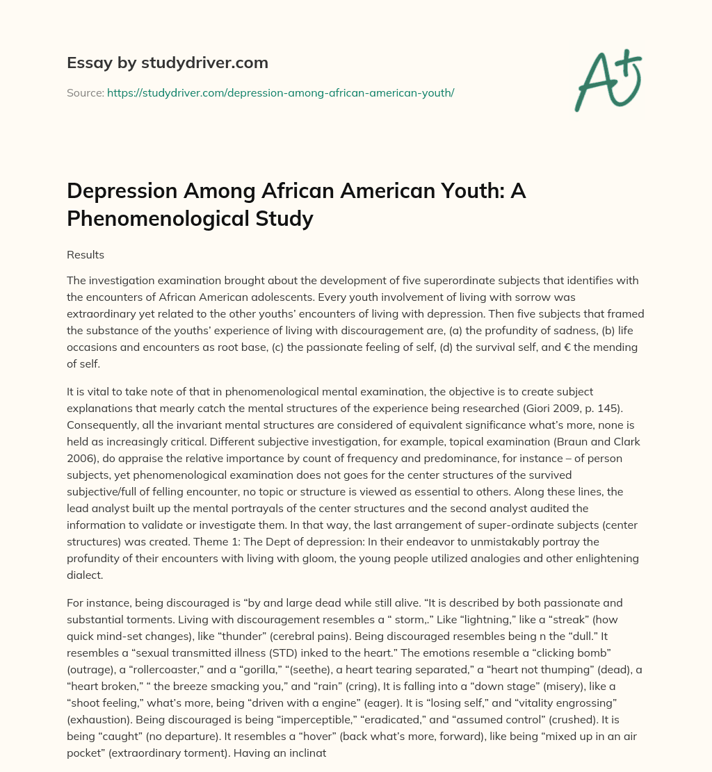 Depression Among African American Youth: a Phenomenological Study essay