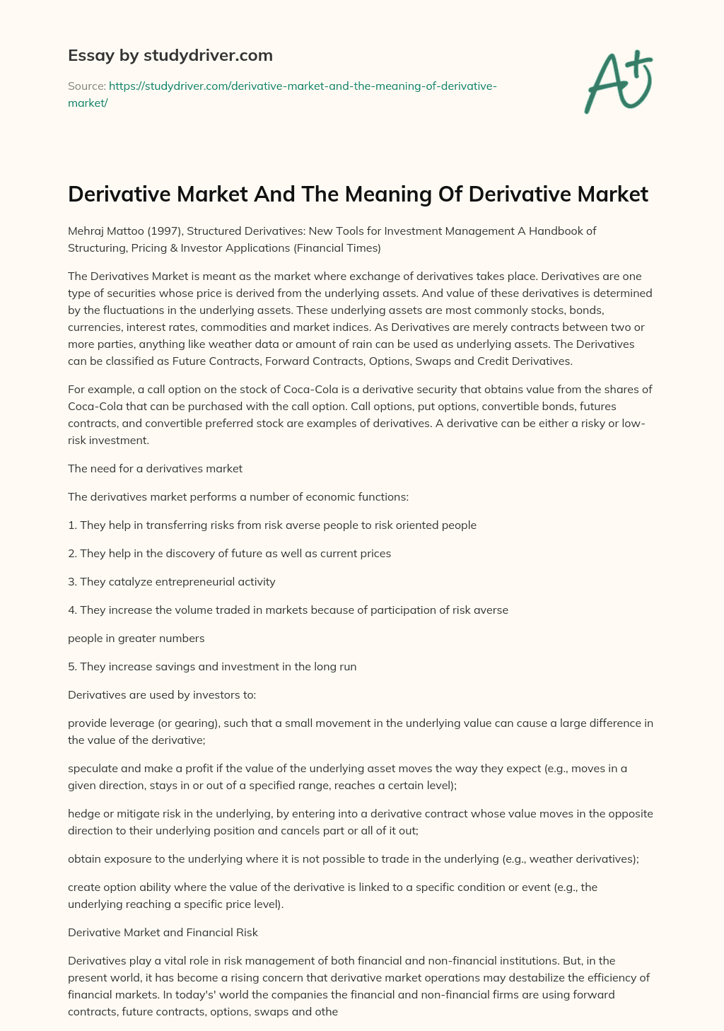 Derivative Market and the Meaning of Derivative Market essay