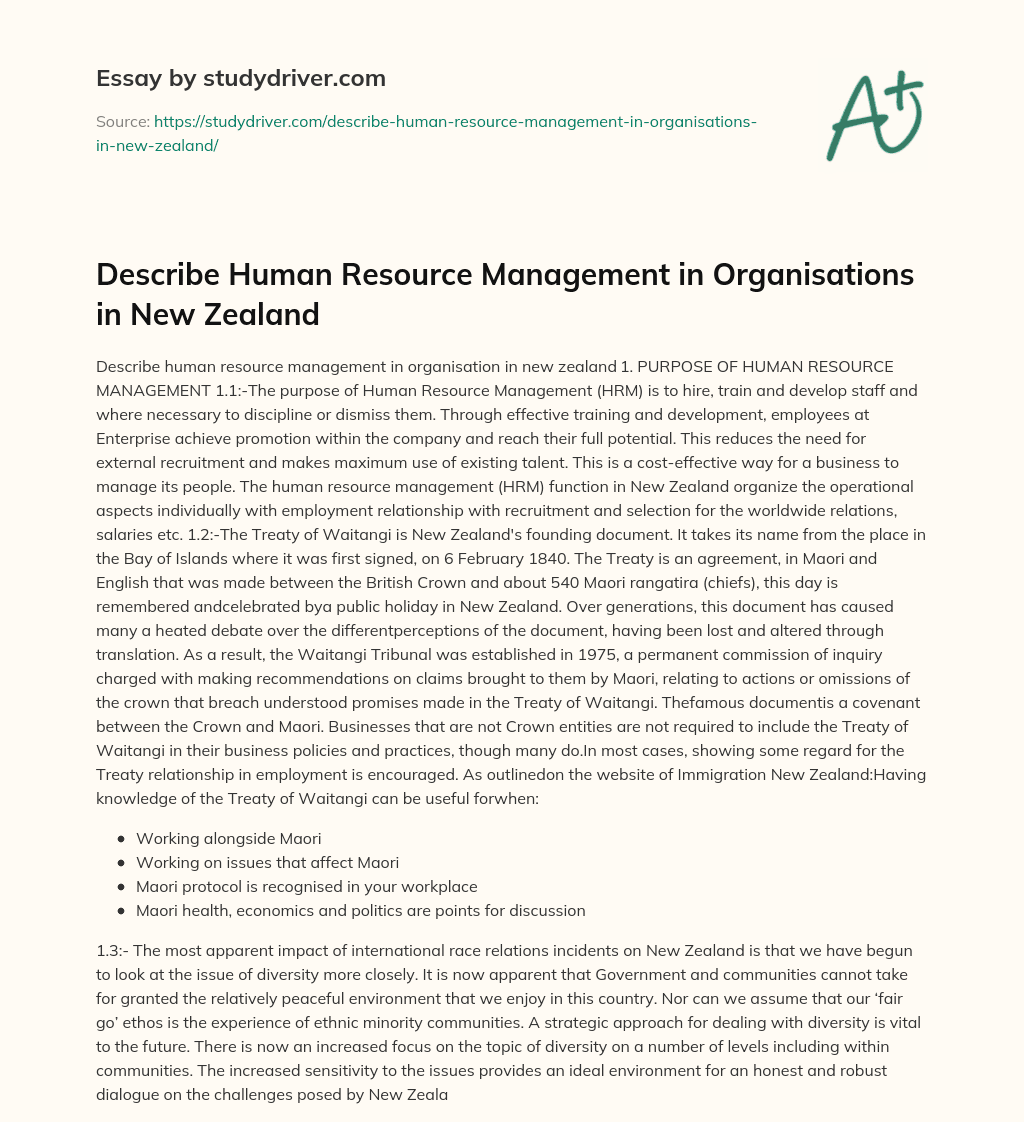Describe Human Resource Management in Organisations in New Zealand essay