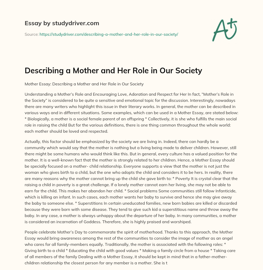 Describing a Mother and her Role in our Society essay