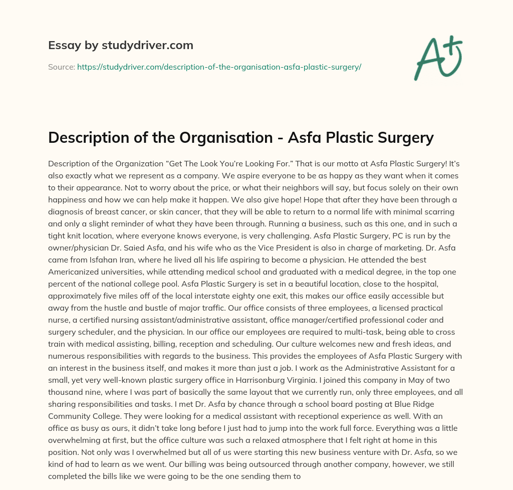Description of the Organisation – Asfa Plastic Surgery essay