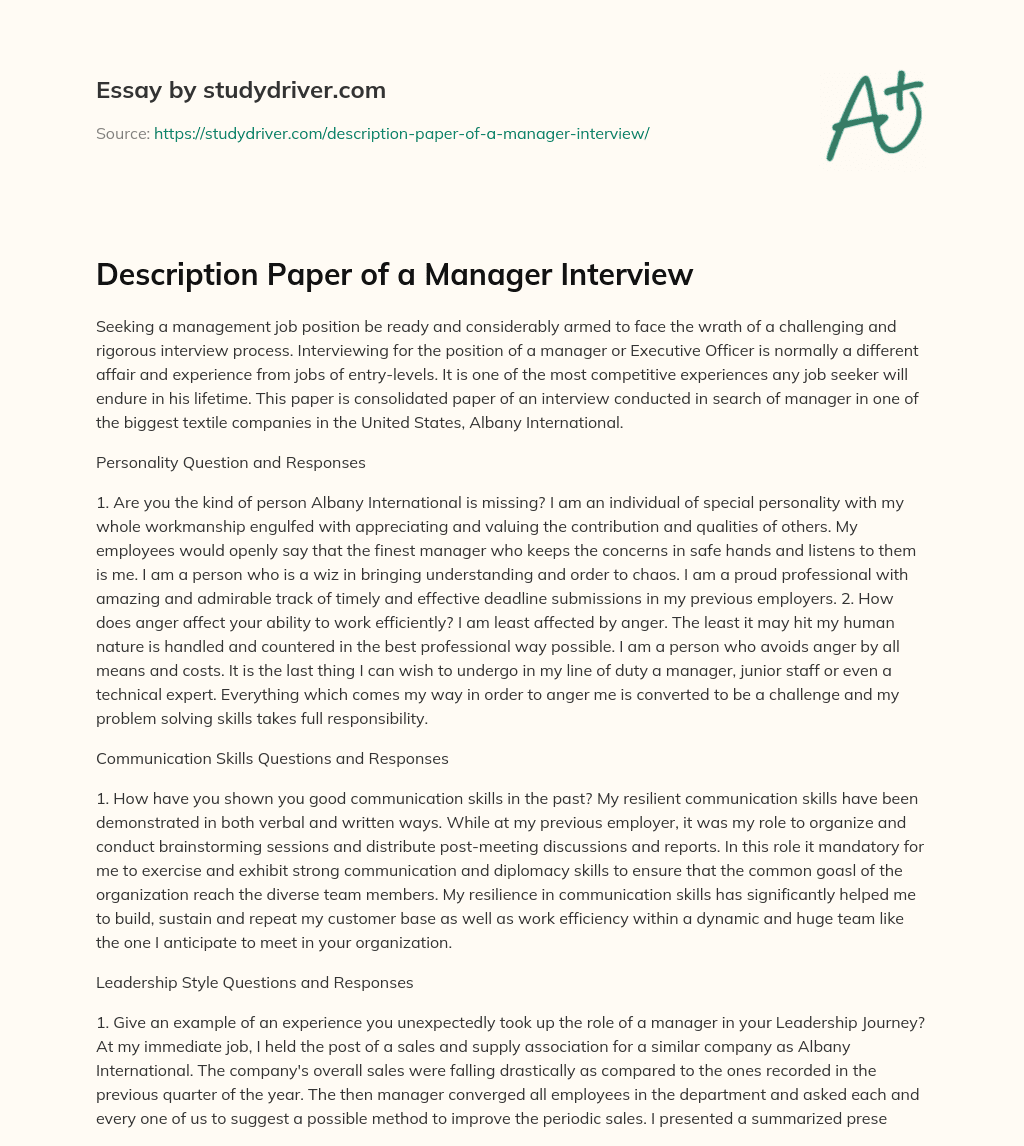 Description Paper of a Manager Interview essay