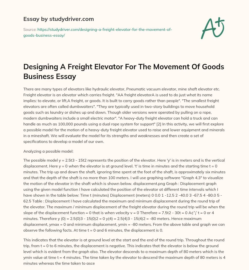 Designing a Freight Elevator for the Movement of Goods Business Essay essay
