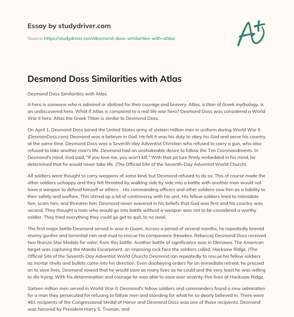Desmond Doss Similarities with Atlas essay