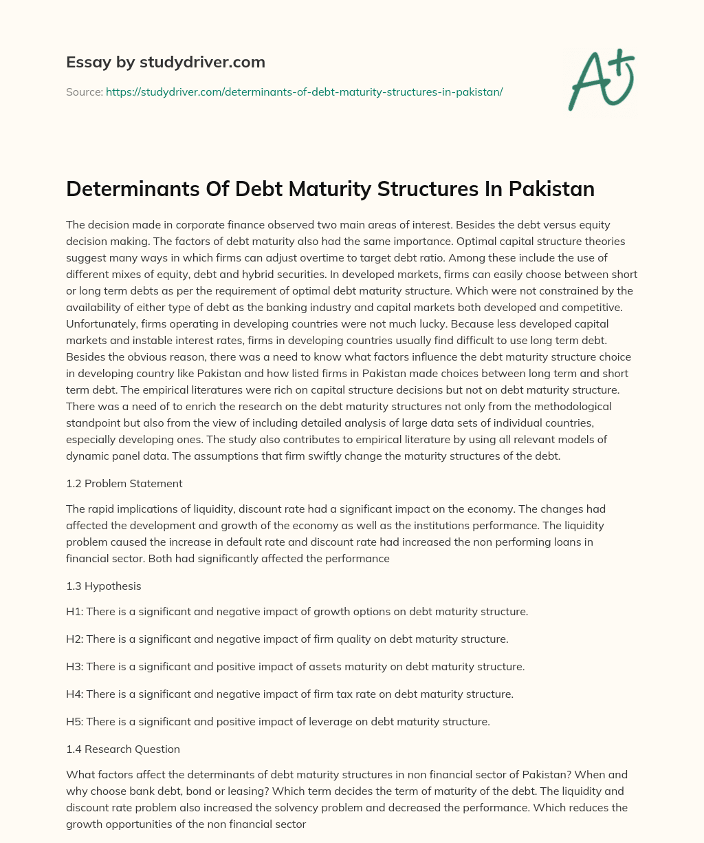 Determinants of Debt Maturity Structures in Pakistan essay