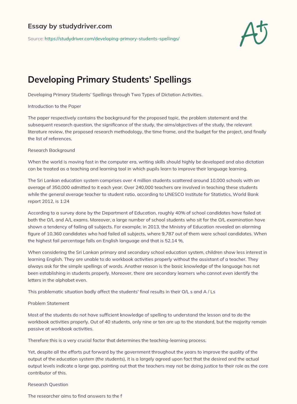 Developing Primary Students’ Spellings essay