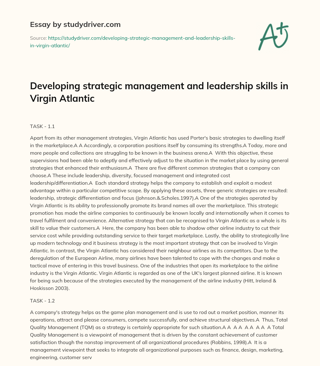 Developing Strategic Management and Leadership Skills in Virgin Atlantic essay