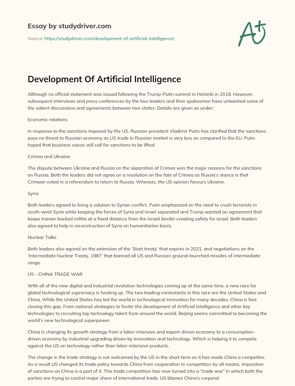 Development of Artificial Intelligence essay