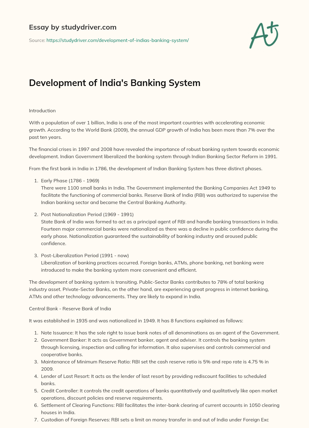 Development of India’s Banking System essay