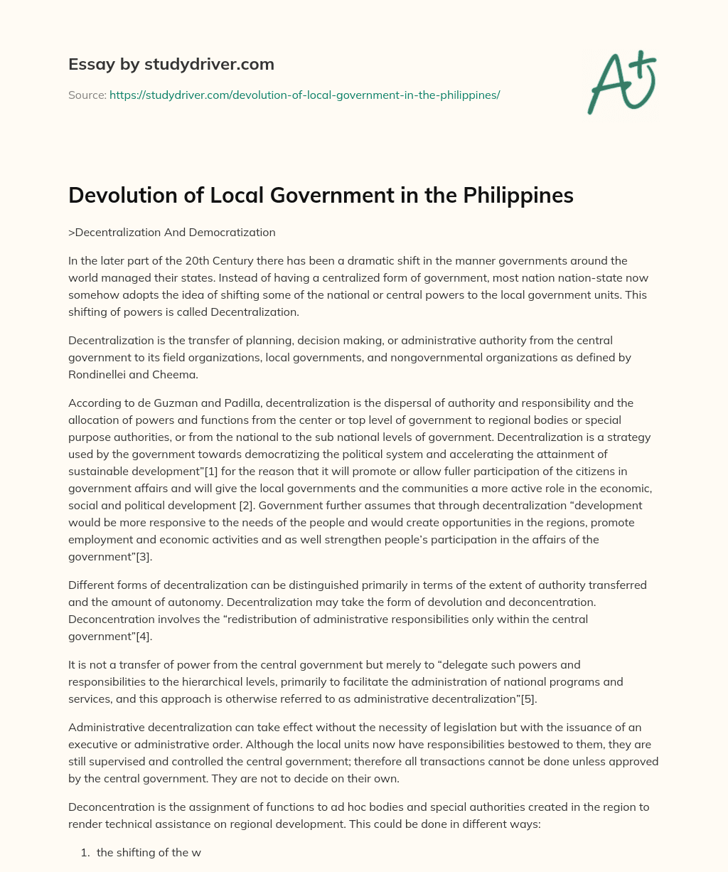 Devolution of Local Government in the Philippines essay