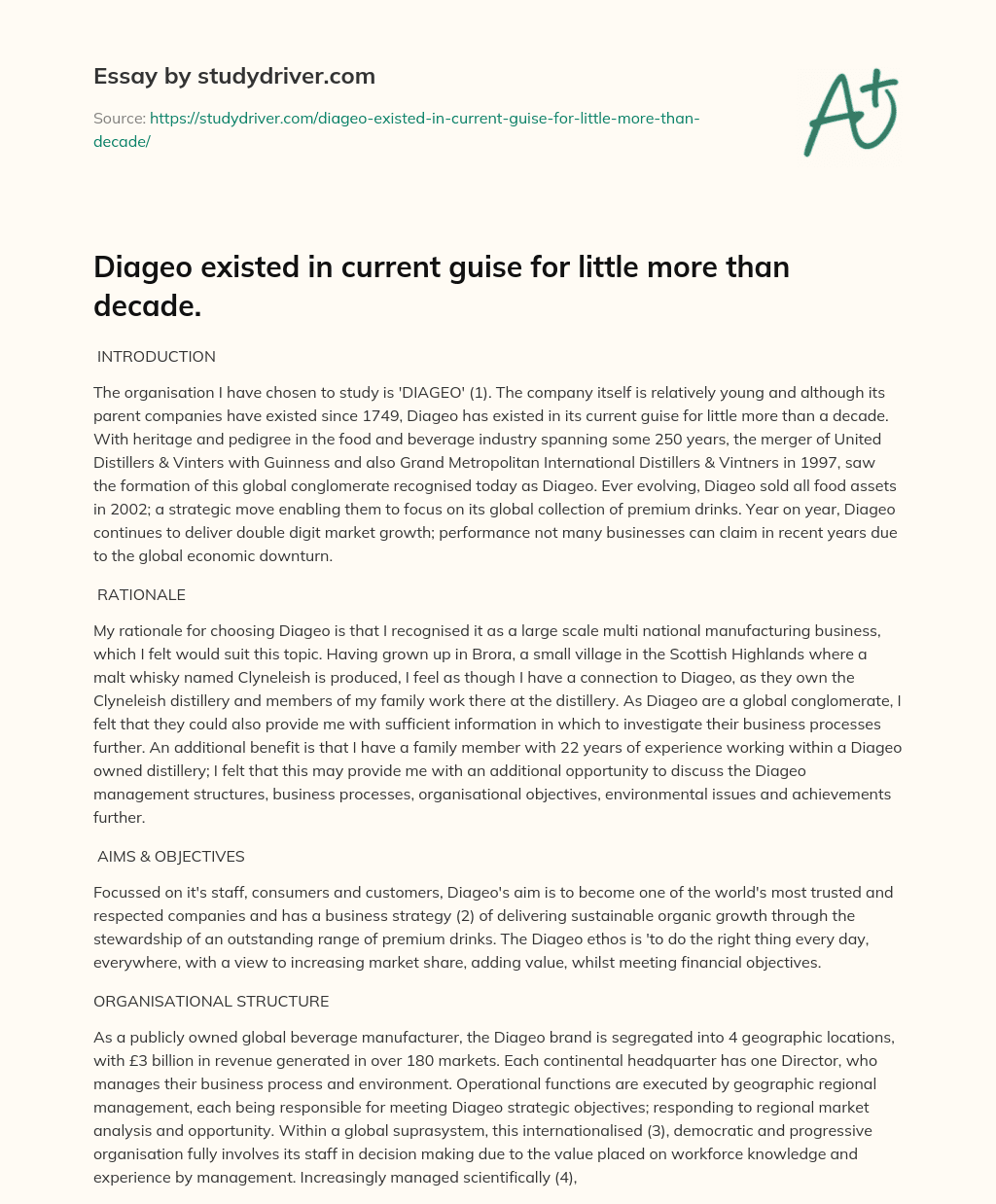 Diageo Existed in Current Guise for Little more than Decade. essay