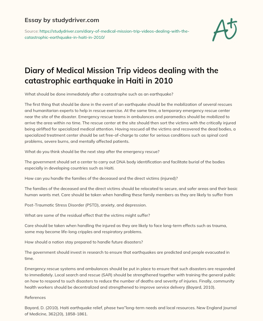 Diary of Medical Mission Trip Videos Dealing with the Catastrophic Earthquake in Haiti in 2010 essay