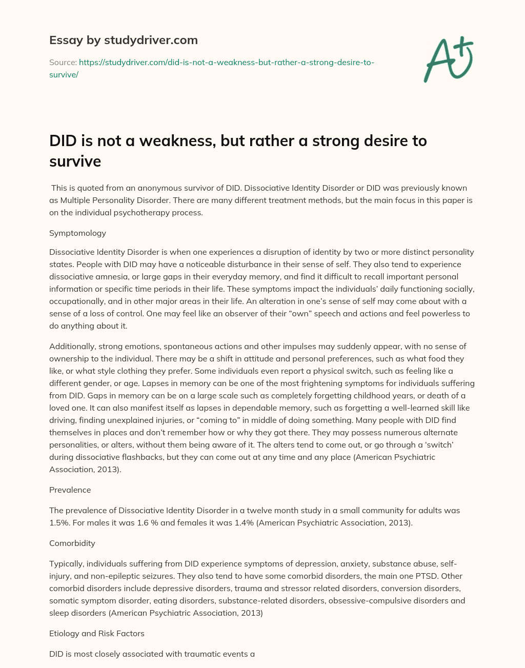 DID is not a Weakness, but Rather a Strong Desire to Survive essay