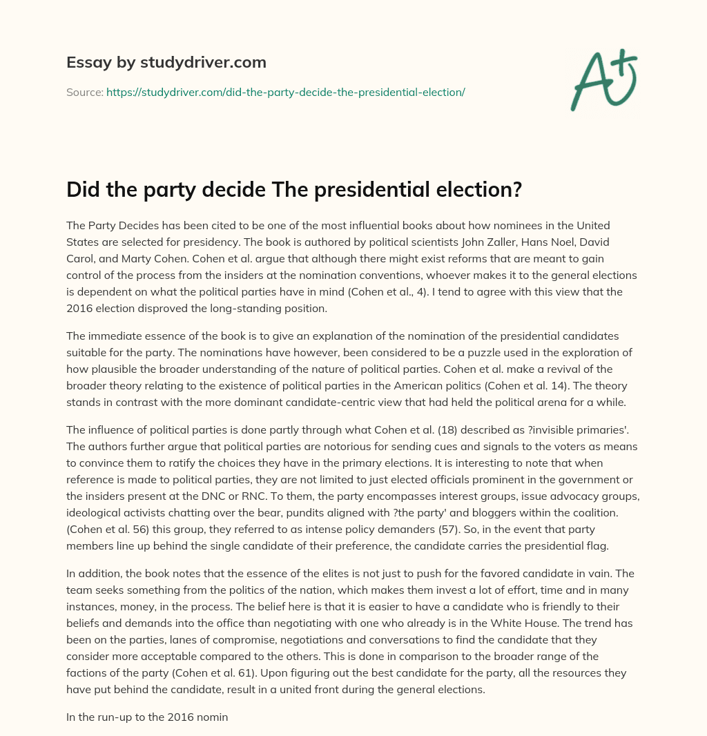 Did the Party Decide the Presidential Election? essay