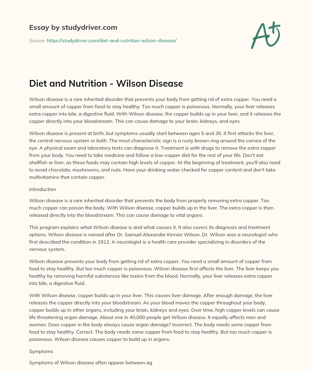 Diet and Nutrition – Wilson Disease essay