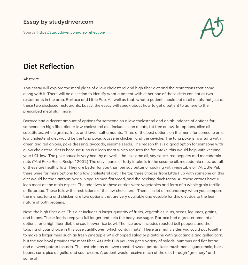 Diet Reflection essay