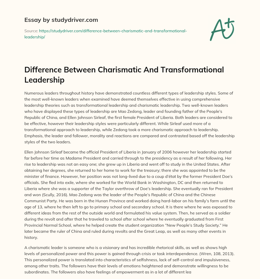 Difference between Charismatic and Transformational Leadership essay