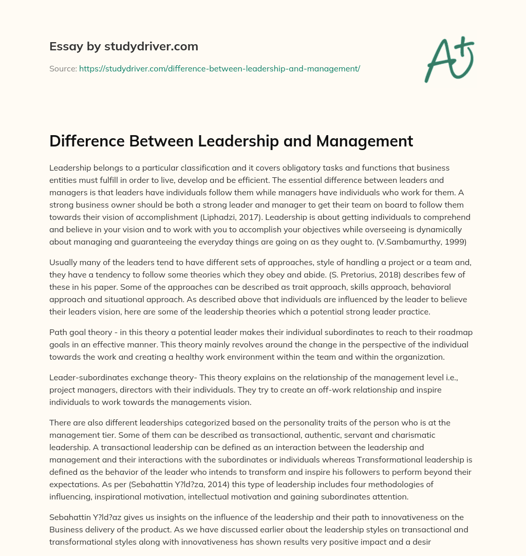 Difference between Leadership and Management essay