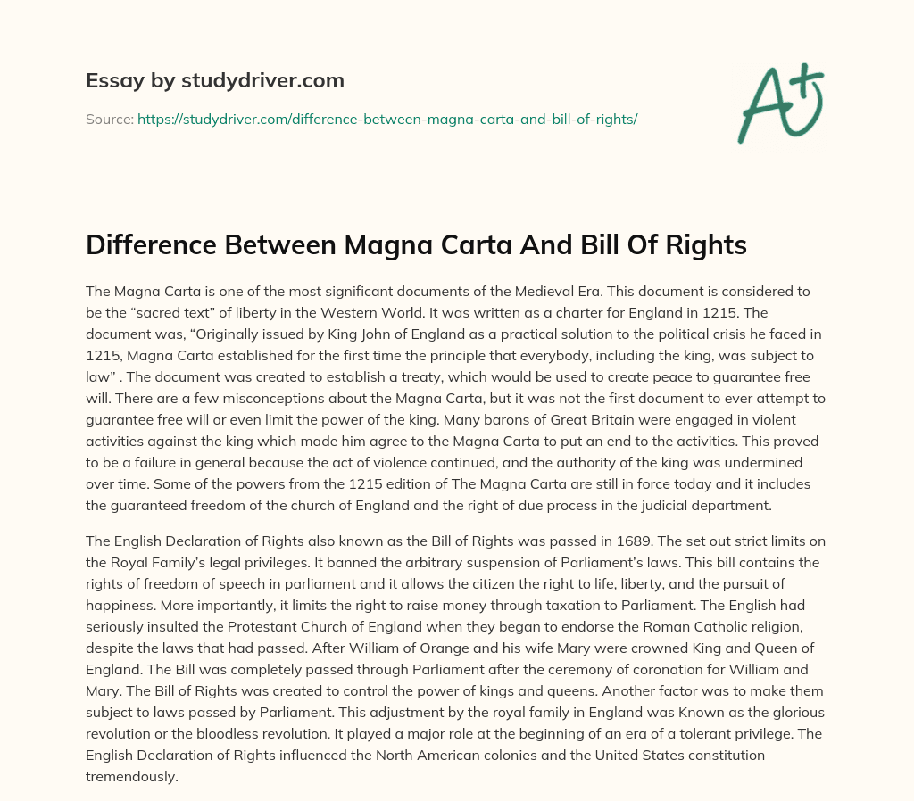 Difference between Magna Carta and Bill of Rights essay